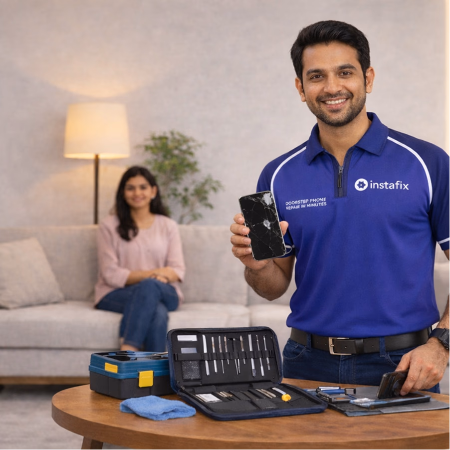 Instafix technician holding up a phone with a cracked screen in a customer’s living room, tool kit open on the table
