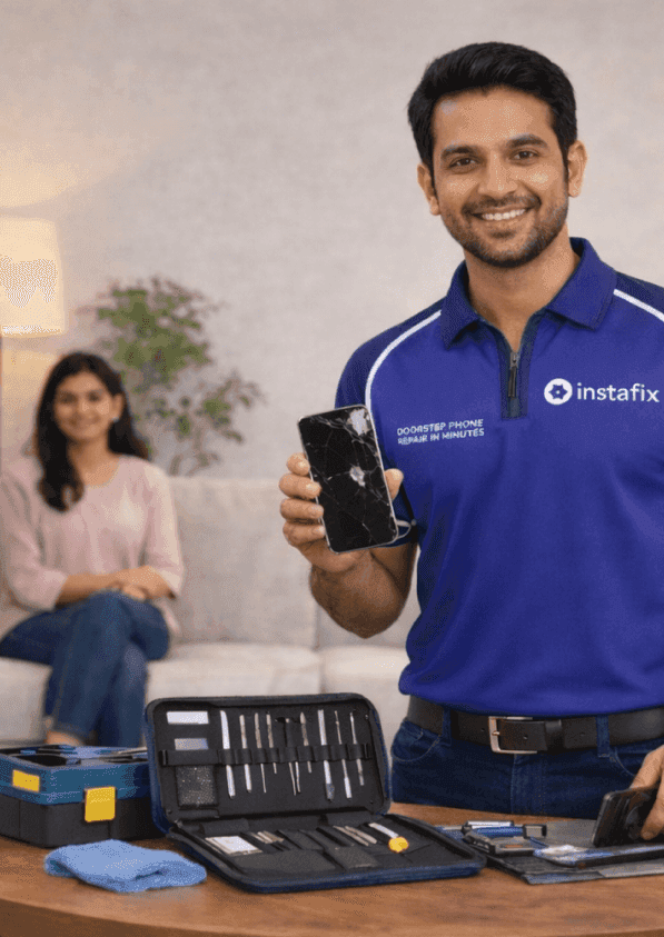 Technician showing a customer their cracked phone at home