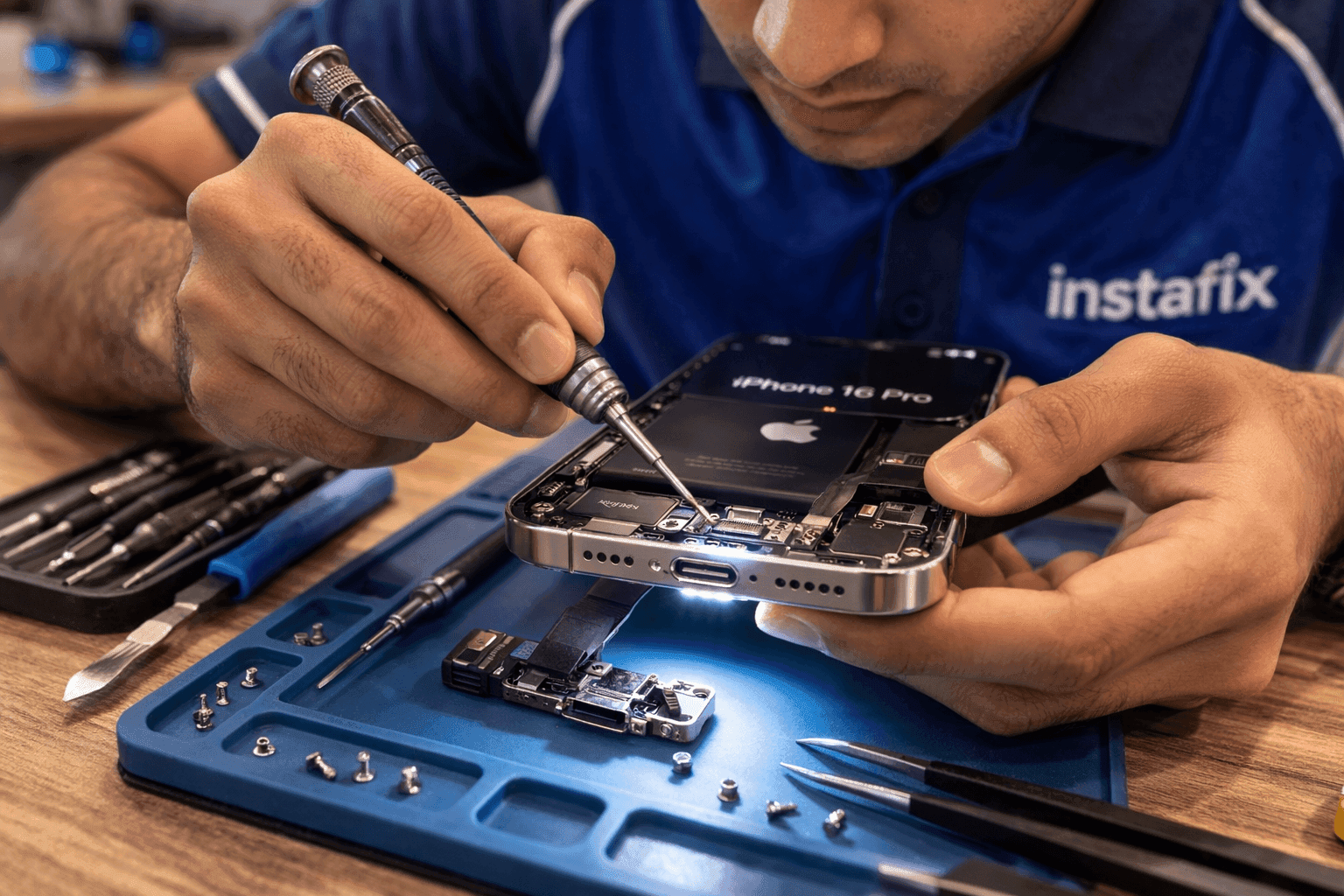 Technician’s hands opening up a phone