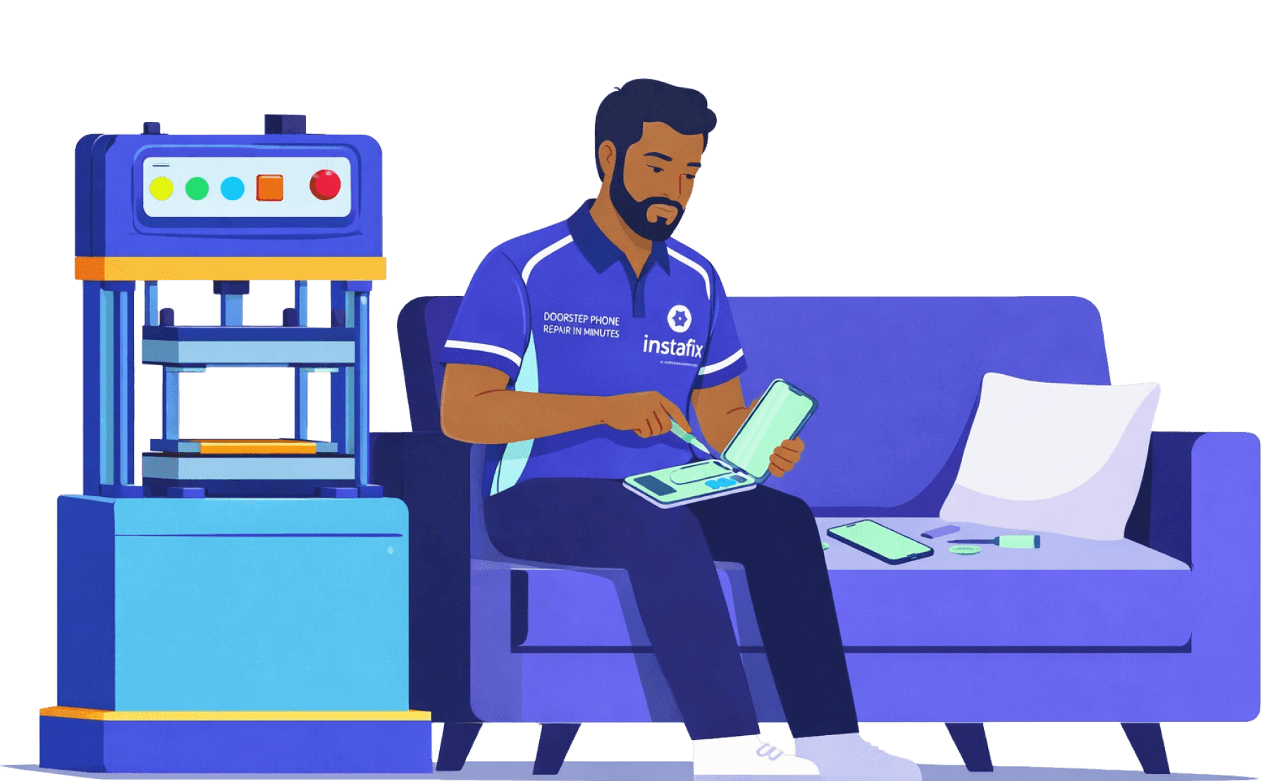 Illustration of an Instafix technician working on a sofa