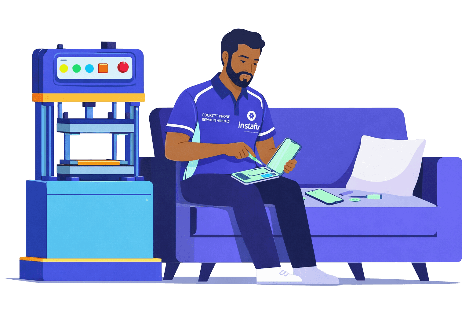 Illustration of an Instafix technician working on a sofa