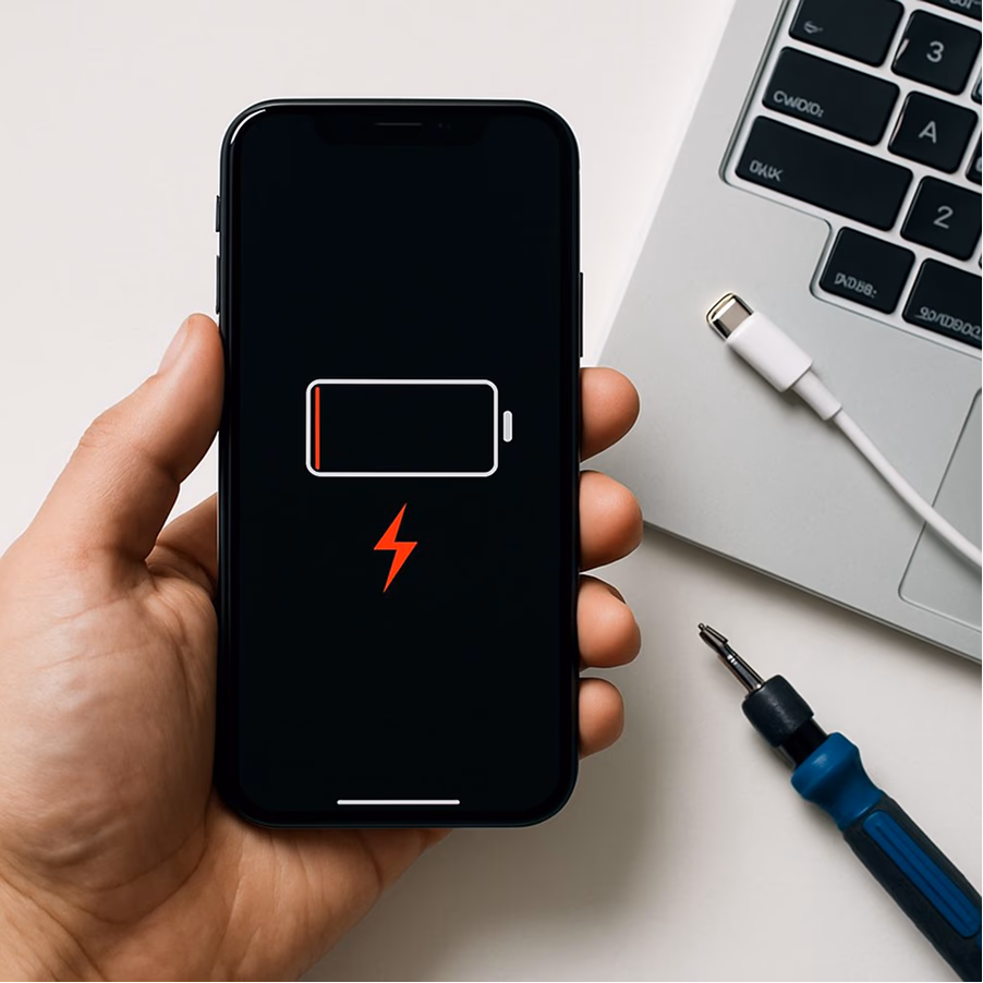 Hand holding a phone showing a nearly empty battery icon, next to a laptop and a charging cable