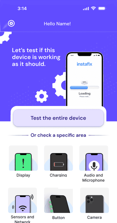 Instafix quality-check app running a full device test