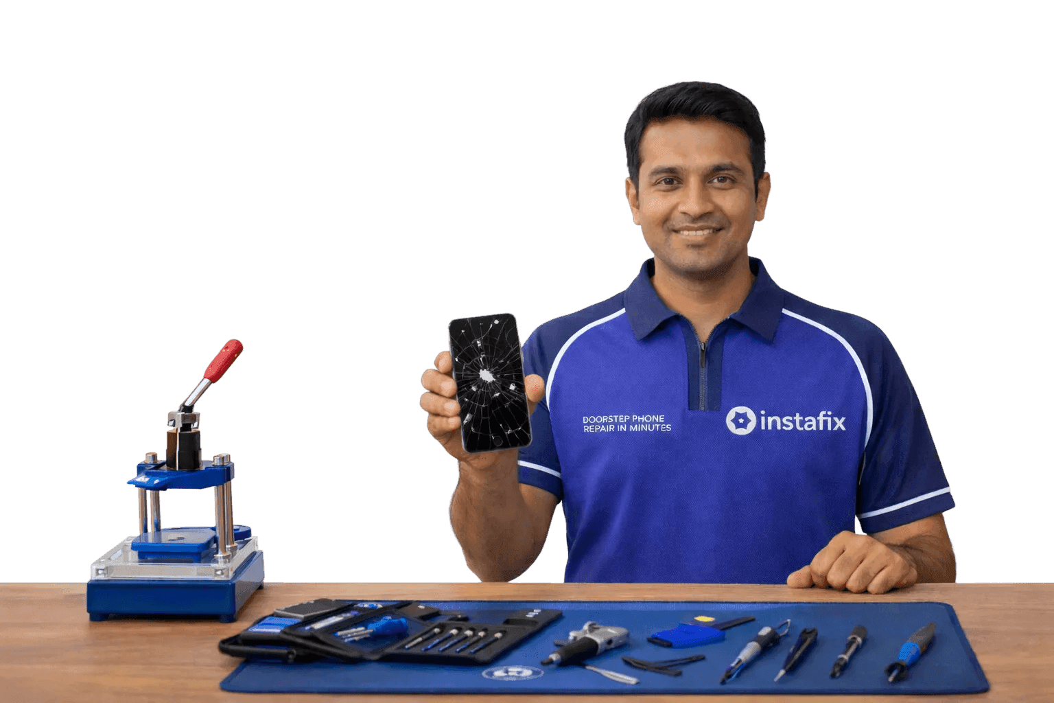 Instafix technician repairing a phone at a customer’s table