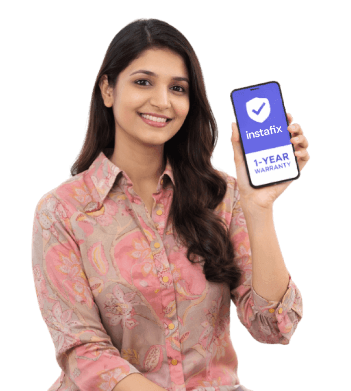 Customer holding a phone showing a one-year Instafix warranty