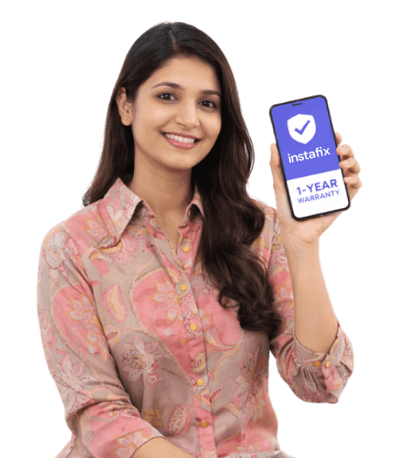 Customer holding a phone showing a one-year Instafix warranty